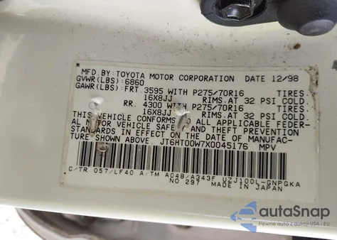 1999 Lexus Lx z USA, uszkodzony, nr VIN JT6HT00W7X0045176